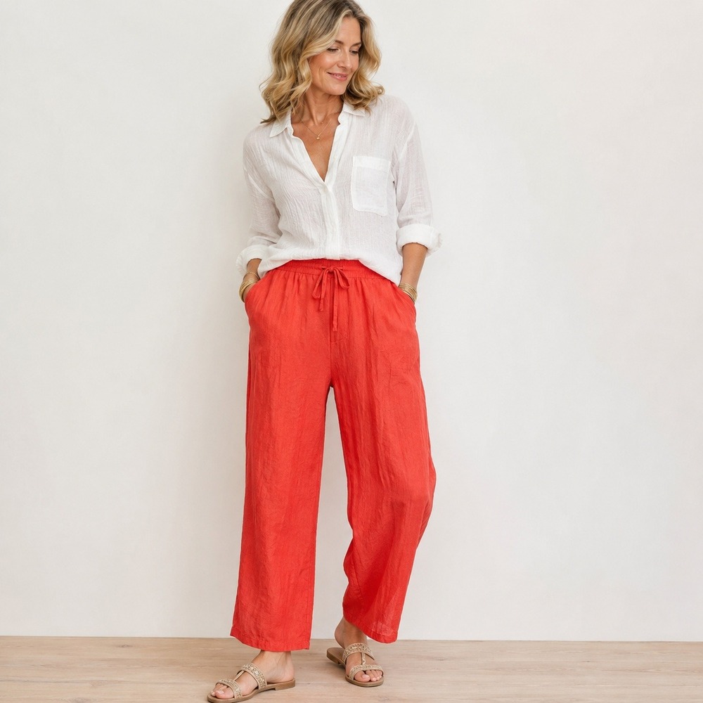 Vintage Galinda Wang Womens 14 Coral 100% Silk Drawstring Pants Pockets Coastal